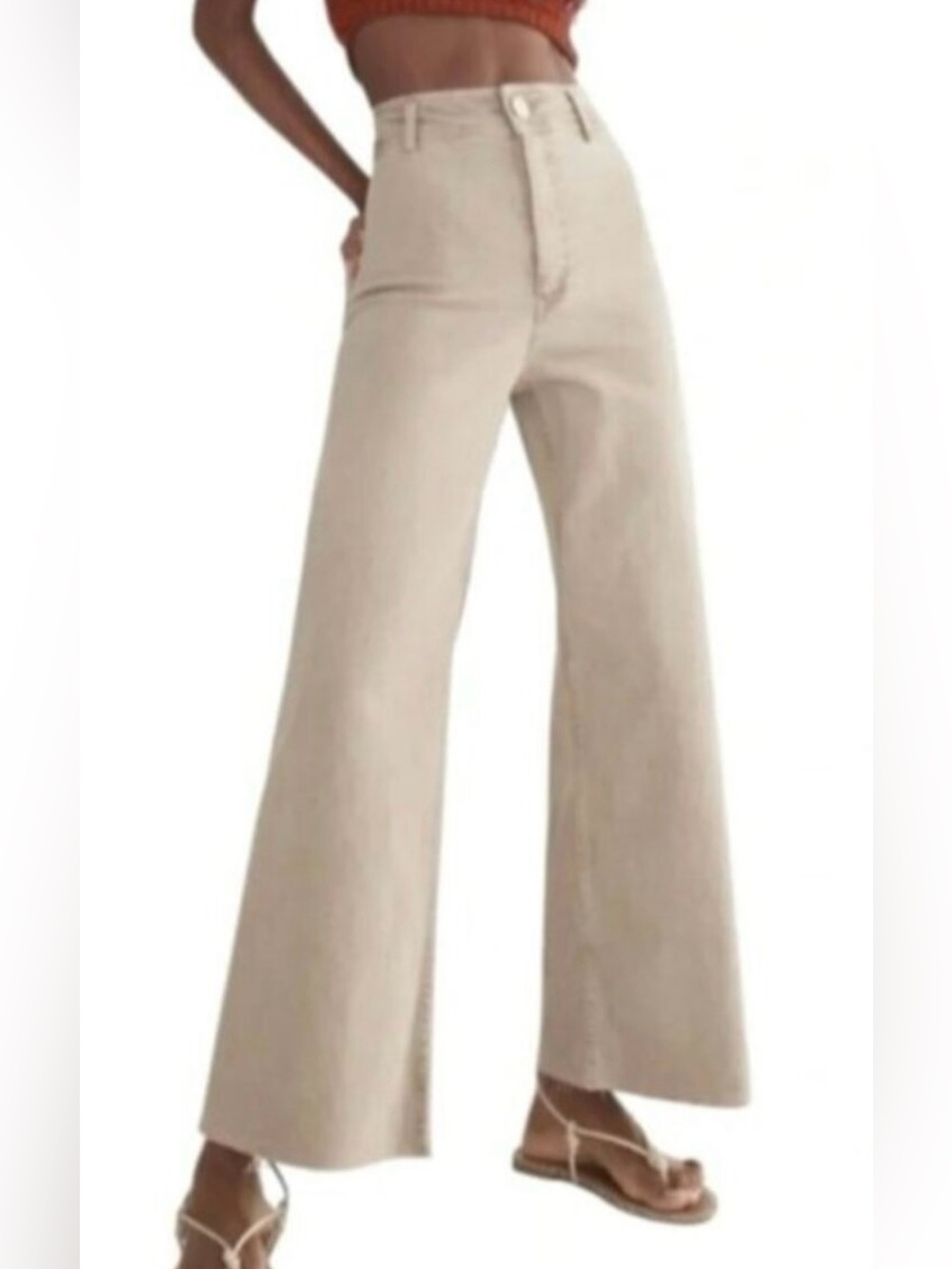Zara Beige Marine Layer Straight Wide Leg Raw Hem Jeans - Size 2